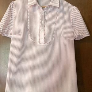 Short sleeve, white and red striped tuxedo shirt.